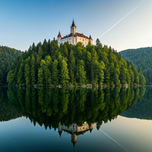 Planinsko jezero s otočićem i crkvom